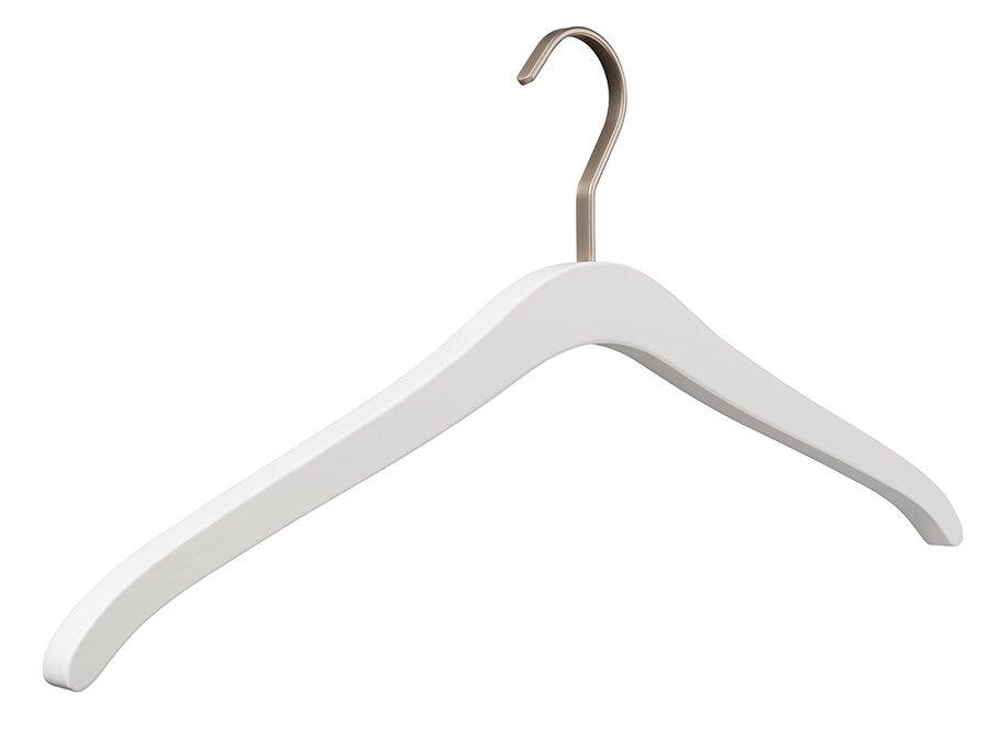 Weißer Garderobenbügel aus Holz mit Metallhaken, seitliche Perspektive