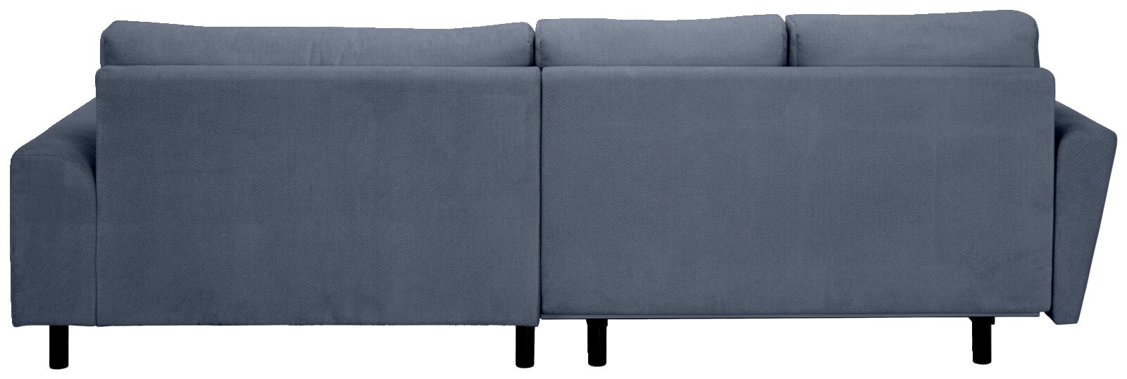 Rückansicht eines modernen 3-Sitzer-Sofas in blau-grauem Stoffbezug mit drei Rückenpolstern, geraden Armlehnen und schwarzen Füßen, freigestellt auf weißem Hintergrund