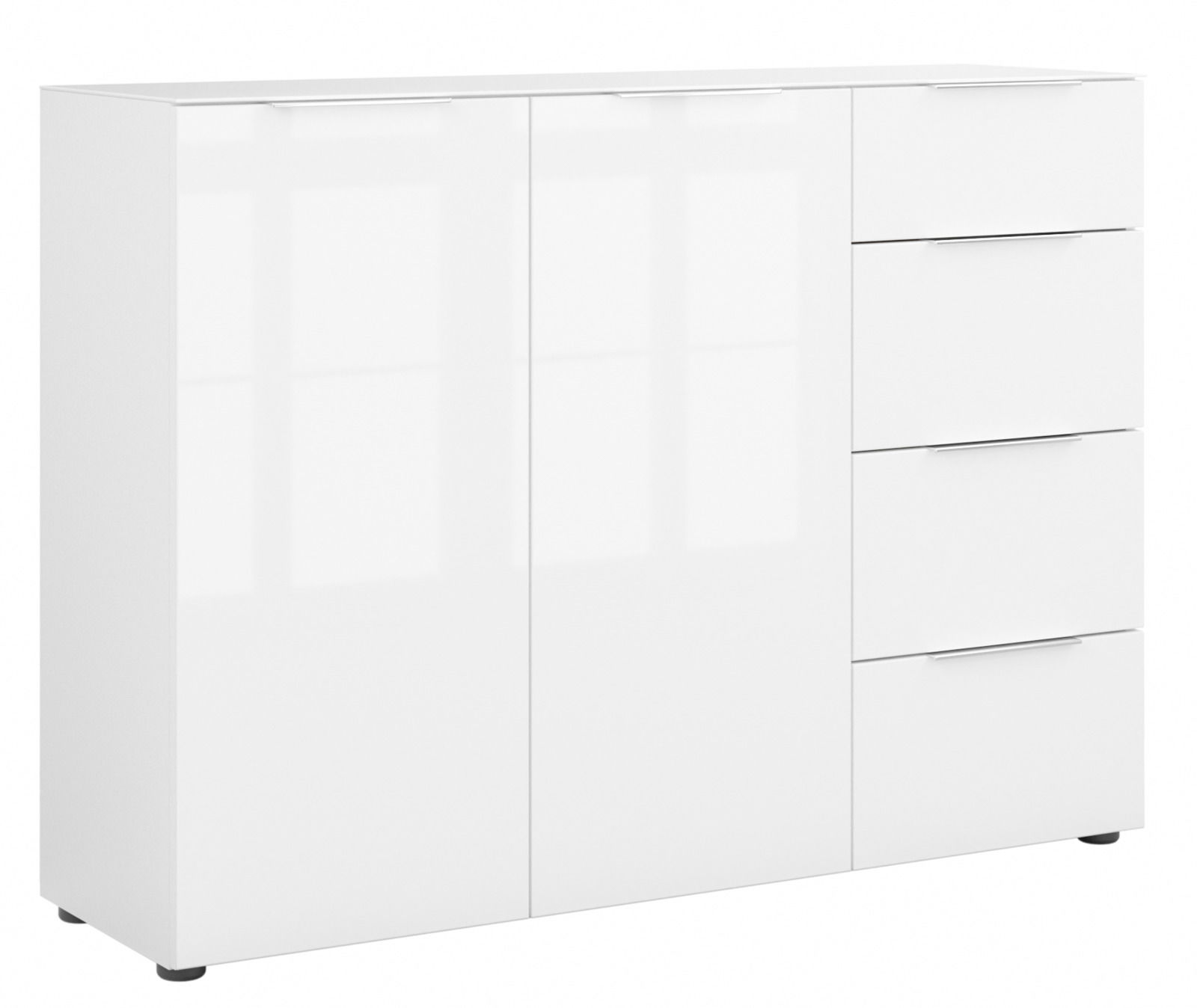 Weißes Sideboard mit zwei Türen und vier Schubladen, frontale Perspektive