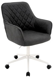 Moderner Drehstuhl XORA MARTHA in dunklem Stoff mit Rautensteppung, weißem Fußkreuz und Rollen, seitliche Perspektive