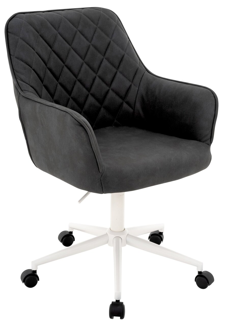 Moderner Drehstuhl XORA MARTHA in dunklem Stoff mit Rautensteppung, weißem Fußkreuz und Rollen, seitliche Perspektive