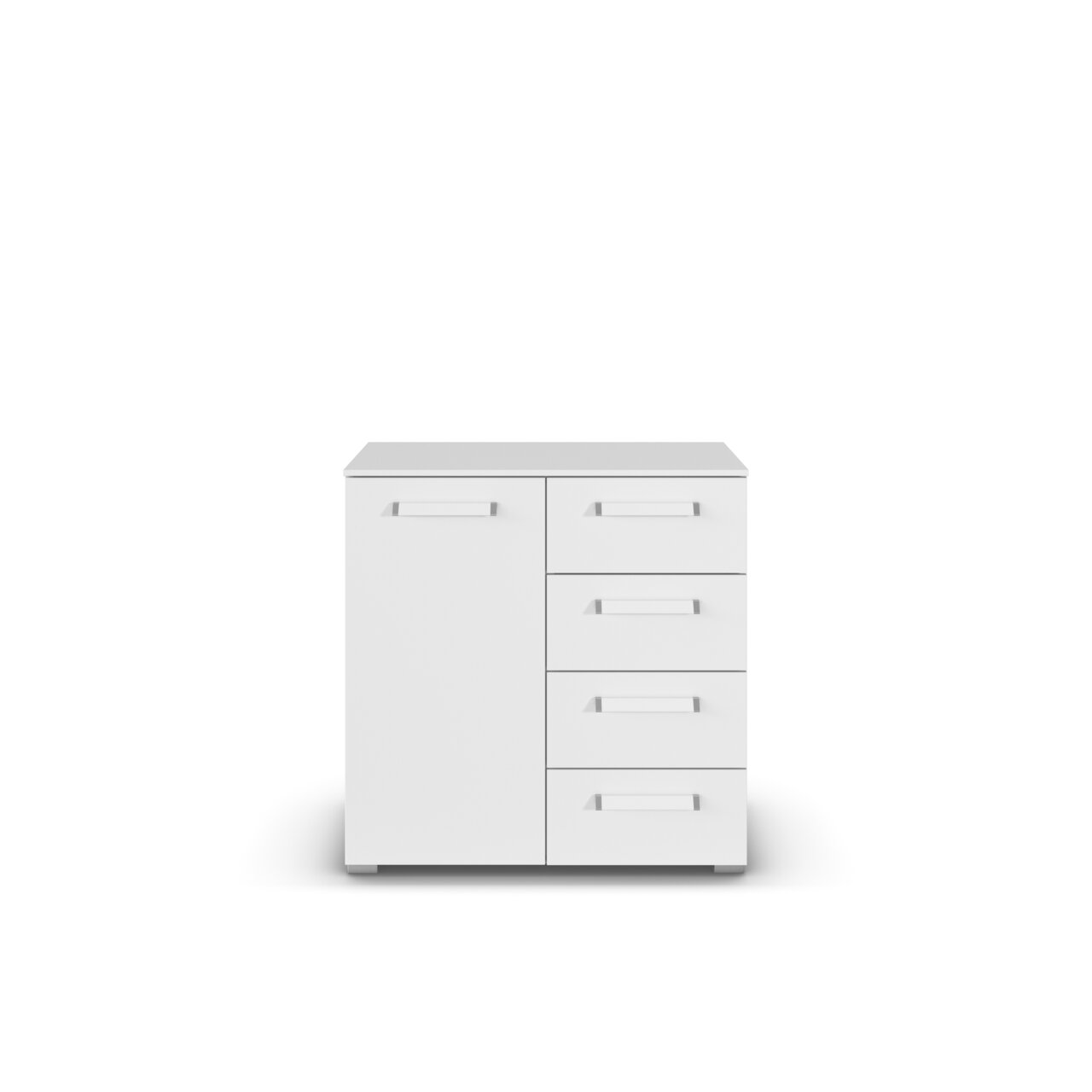 Weiße Kommode mit einer Tür und vier Schubladen, frontale Ansicht