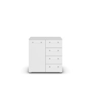 Weiße Kommode mit einer Tür und vier Schubladen, frontale Ansicht