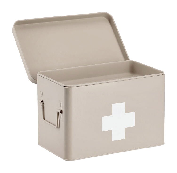 Beige Medizinbox mit offenem Deckel und weißem Kreuz, seitliche Perspektive