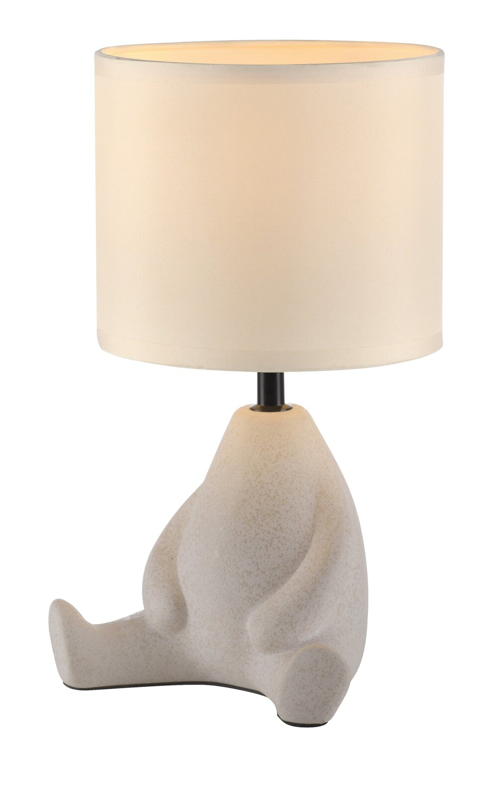 Tischleuchte mit beigem Stoffschirm und skulpturalem Fuß in Tierform (Nilpferd-Optik) in Creme, freigestellt auf weißem Hintergrund, Frontansicht leicht von oben