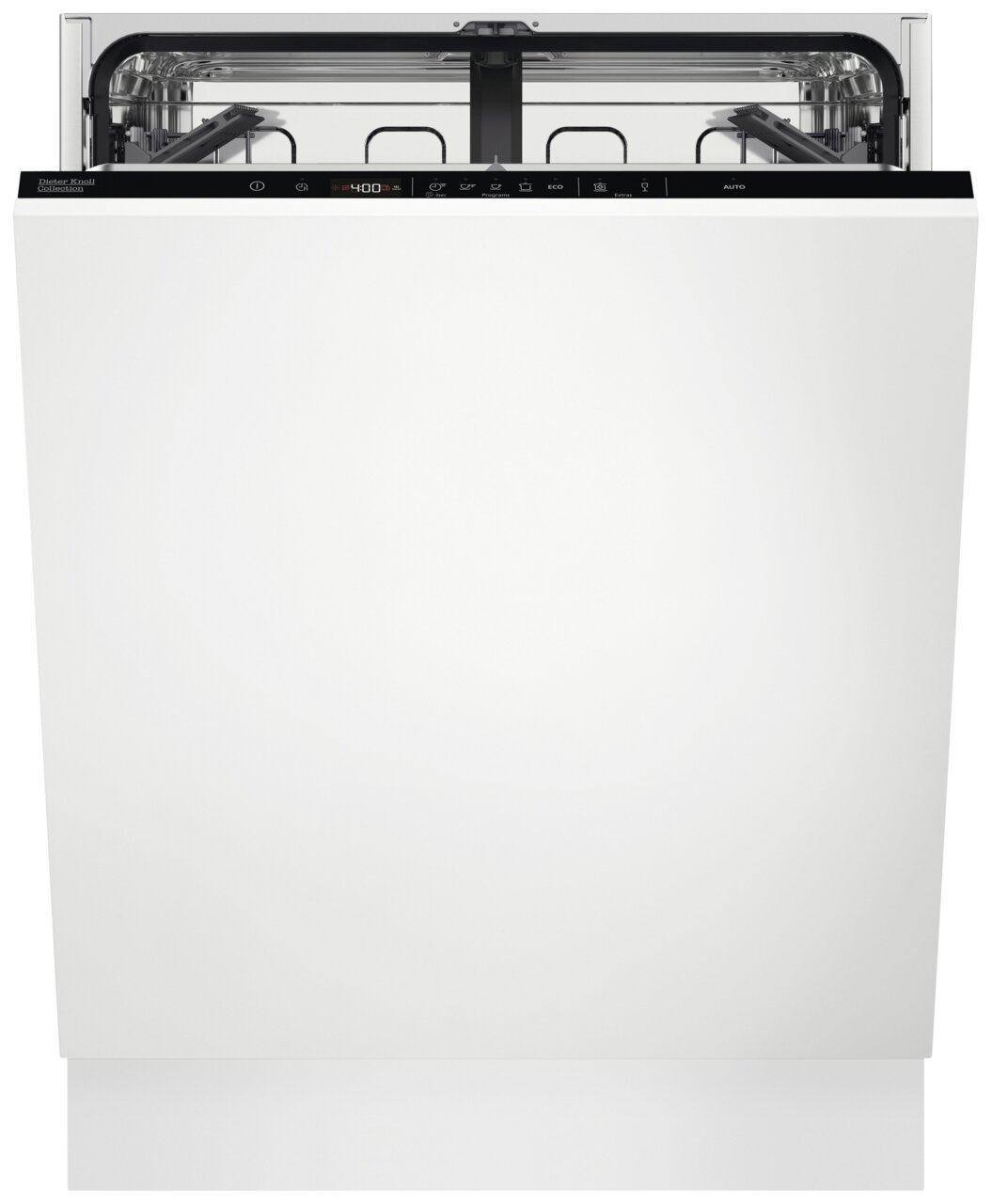 Dieter Knoll Einbaugeschirrspüler DKDT5900XK Vorderansicht eines modernen Einbaugeschirrspülers mit weißer Front und sichtbarem Bedienfeld.