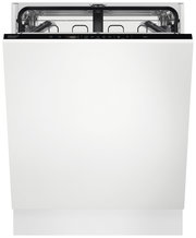 Vorderansicht eines modernen Einbaugeschirrspülers mit weißer Front und sichtbarem Bedienfeld.