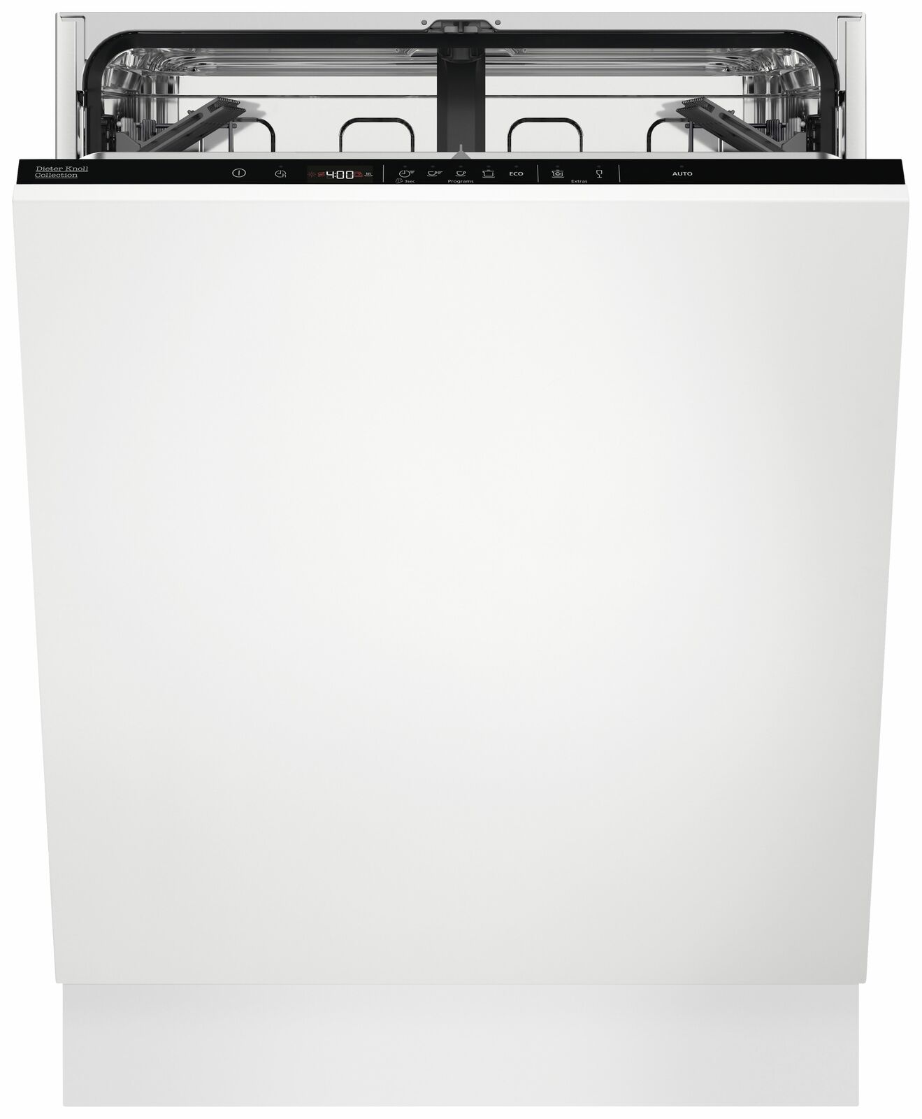 Vorderansicht eines modernen Einbaugeschirrspülers mit weißer Front und sichtbarem Bedienfeld.