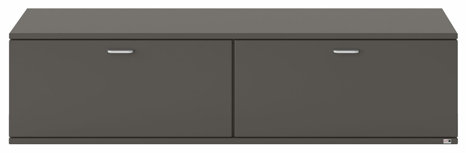 Frontansicht eines grauen TV-Lowboards mit zwei Türen und silbernen Griffen.