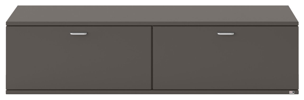 Frontansicht eines grauen TV-Lowboards mit zwei Türen und silbernen Griffen.