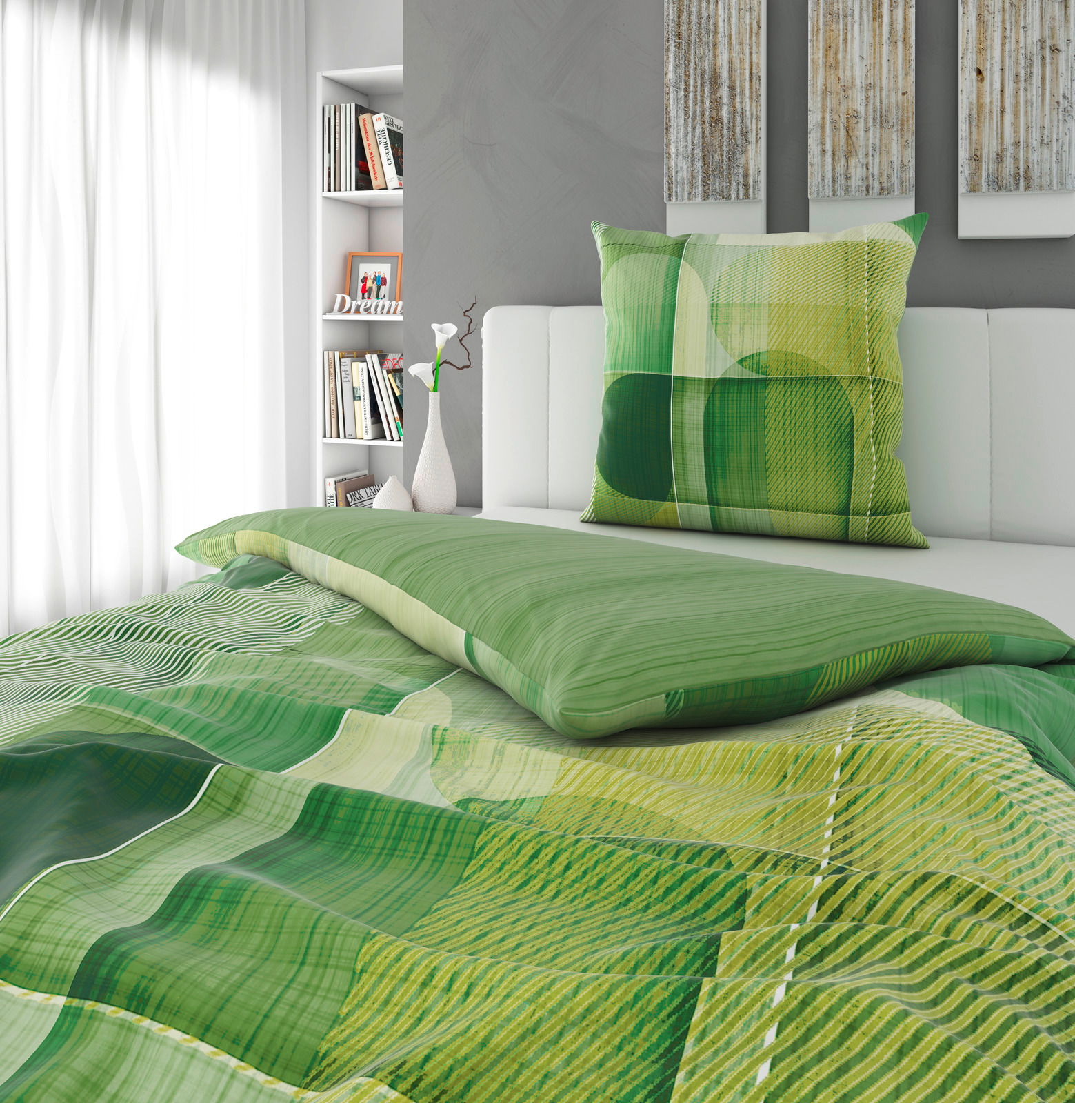 Esposa Wendebettwäsche Grüne Wendebettwäsche 155x220cm auf einem Bett, mit geometrischem Muster und Kissen, seitliche Perspektive.
