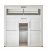 Moderner Barschrank in heller Holzoptik mit Glaseinsatz, frontal fotografiert