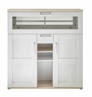 Moderner Barschrank in heller Holzoptik mit Glaseinsatz, frontal fotografiert