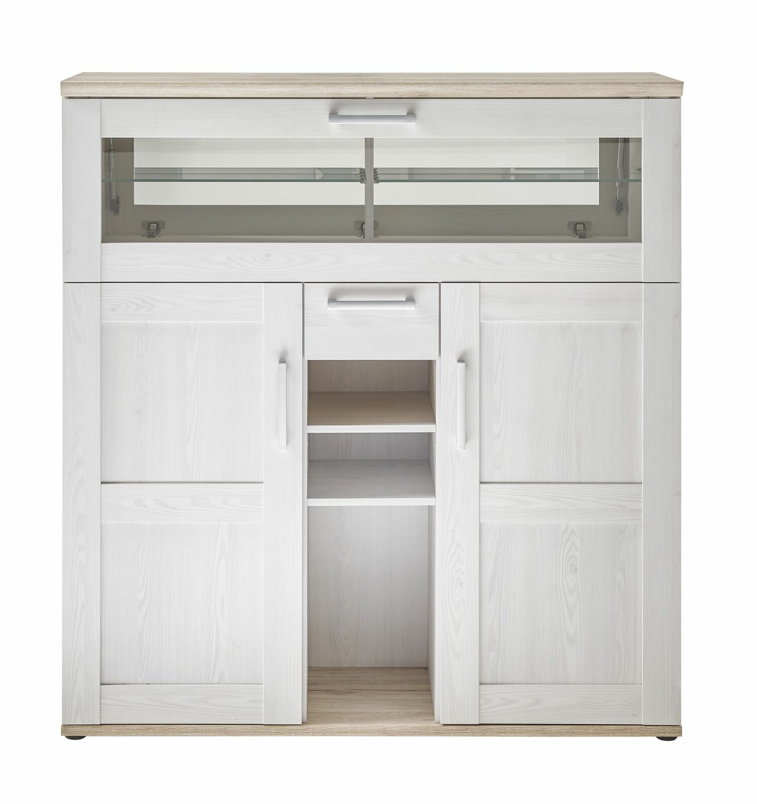 Moderner Barschrank in heller Holzoptik mit Glaseinsatz, frontal fotografiert