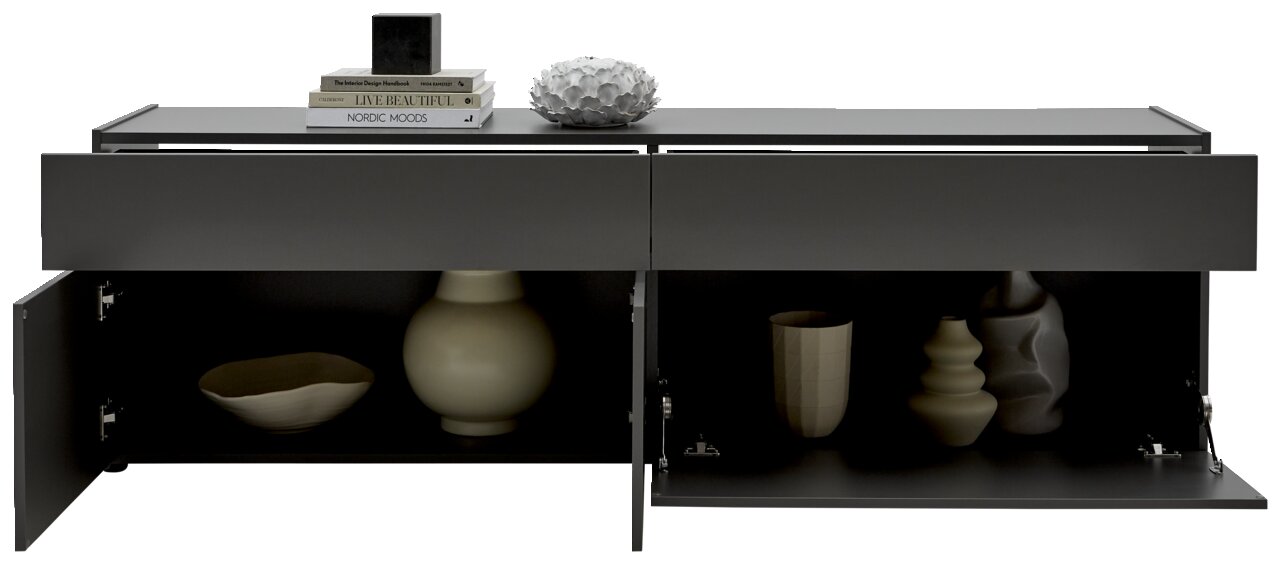 Modernes TV-Lowboard in dunklem Grau mit geöffneten Türen, dekoriert mit Vasen und Büchern, Frontalansicht.