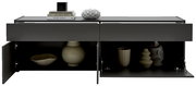 Modernes TV-Lowboard in dunklem Grau mit geöffneten Türen, dekoriert mit Vasen und Büchern, Frontalansicht.