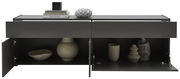 Modernes TV-Lowboard in dunklem Grau mit geöffneten Türen, dekoriert mit Vasen und Büchern, Frontalansicht.