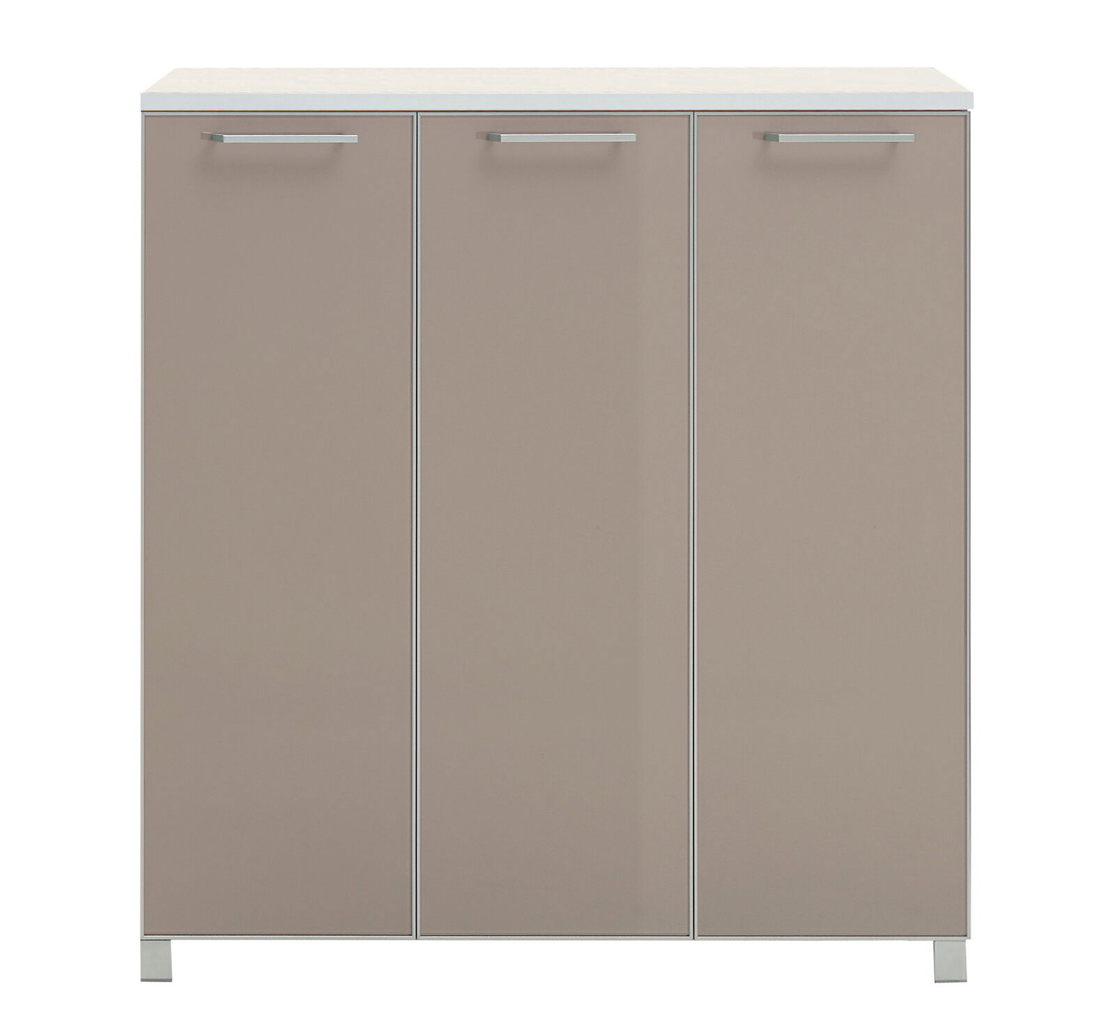 Frontansicht eines XL-Schuhschranks mit drei Türen in neutralem Beige.