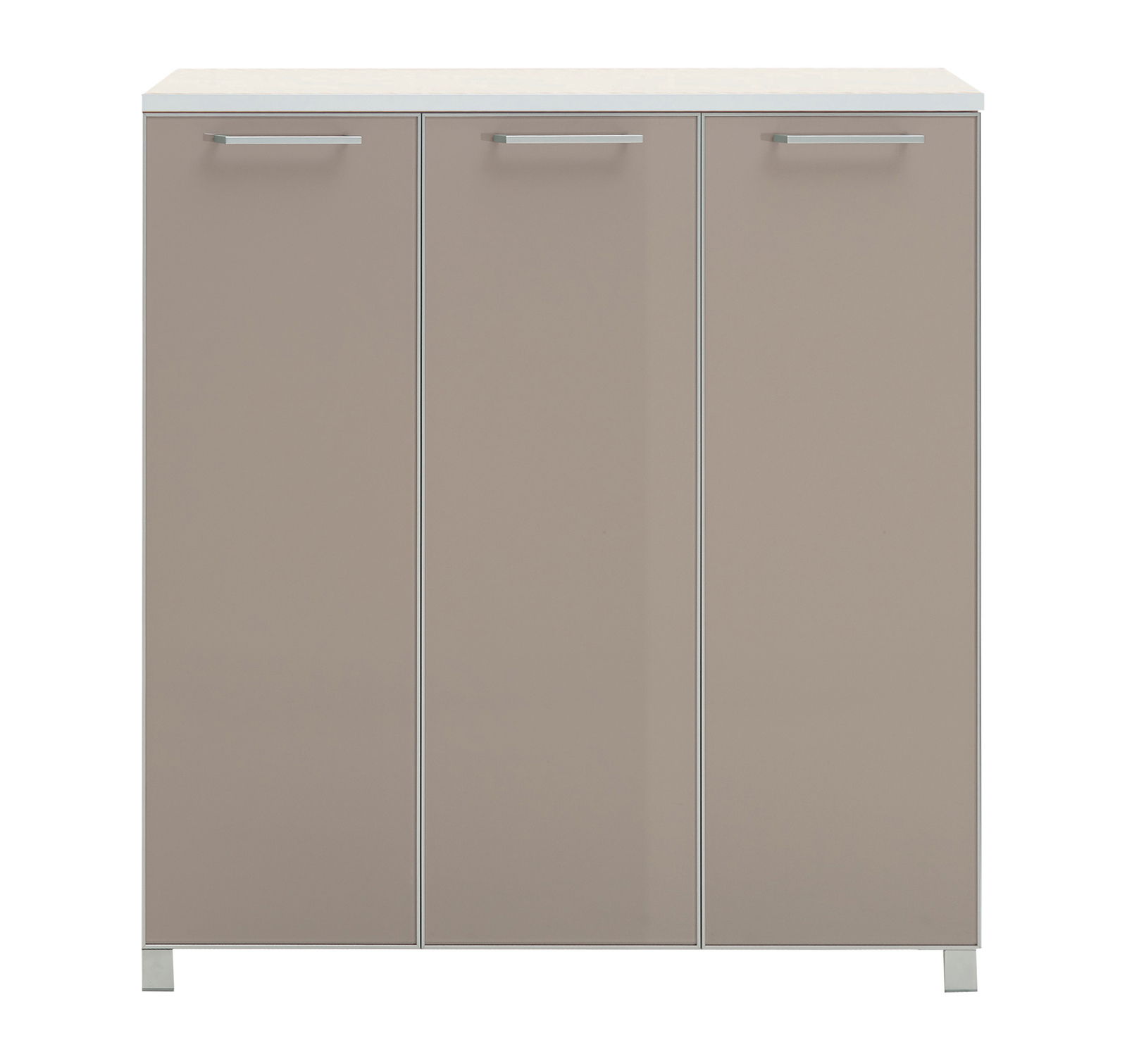 Frontansicht eines XL-Schuhschranks mit drei Türen in neutralem Beige.