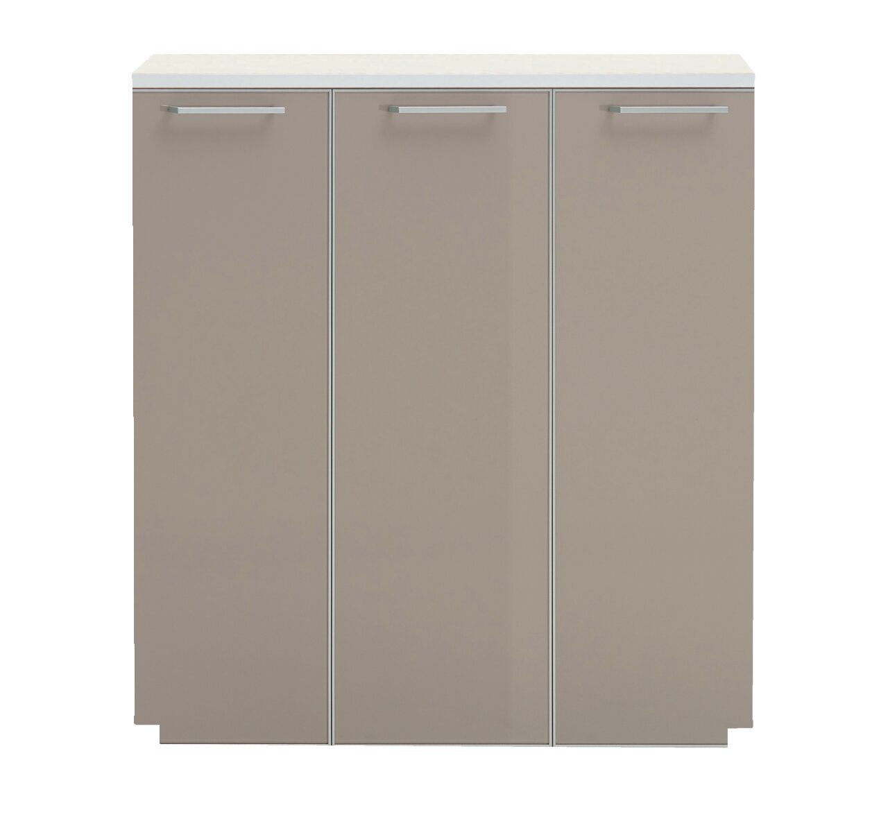Vooraanzicht van een XL-schoenenkast met drie deuren in neutraal beige.