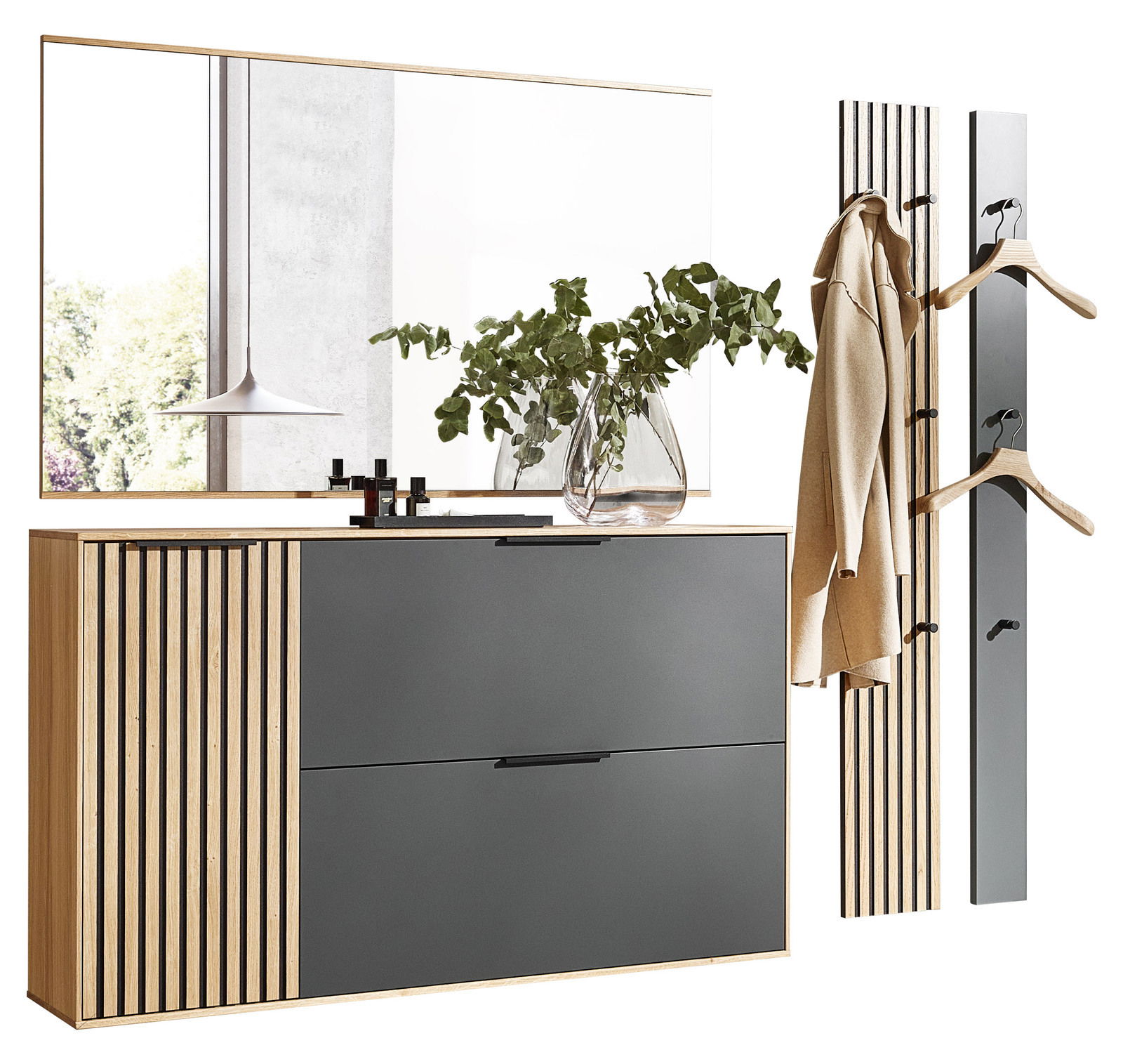 Dieter Knoll Garderobeset, 4-delig RIVA Modernes Garderoben-Set mit Holz- und Metallelementen, bestehend aus einem großen Spiegel, einer Kommode mit Schubladen und einer Wandgarderobe mit Haken und Kleiderbügeln. Perspektive: Frontalansicht.