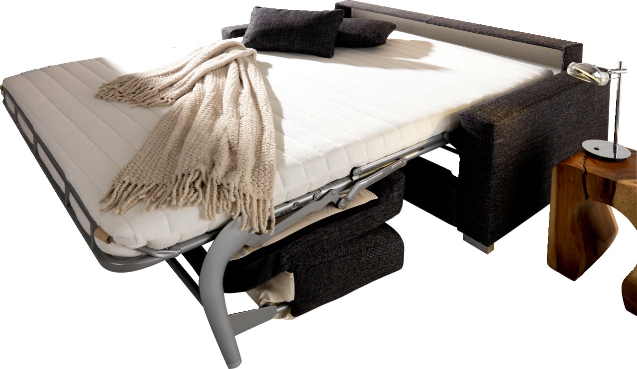 Verwandlungssofa in ausgeklappter Position mit beiger Decke und Kissen, seitliche Perspektive