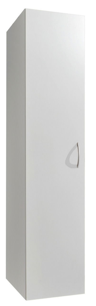 Weißer Mehrzweckschrank mit einer Tür und silbernem Griff, seitliche Perspektive
