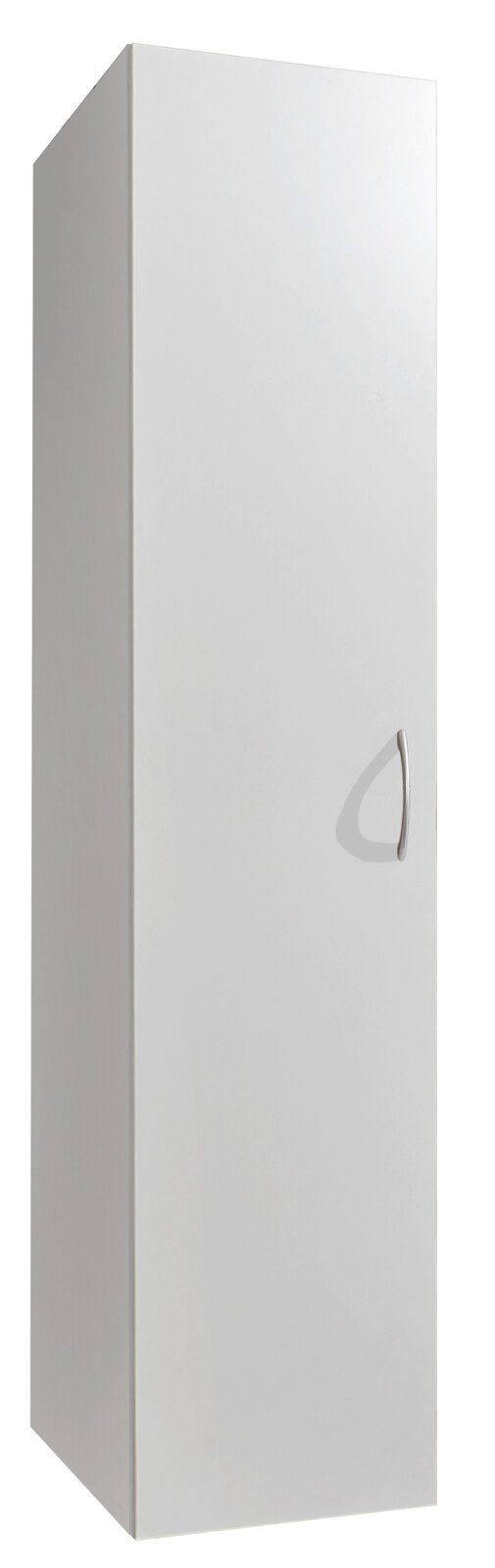 Weißer Mehrzweckschrank mit einer Tür und silbernem Griff, seitliche Perspektive