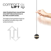 Infografik „comfort LIFT“: Hand zieht am Pendelseil, um die Höhe einer schwarzen Pendelleuchte per Roll-Federmechanismus zu verstellen; Seitenansicht/Detailansicht.