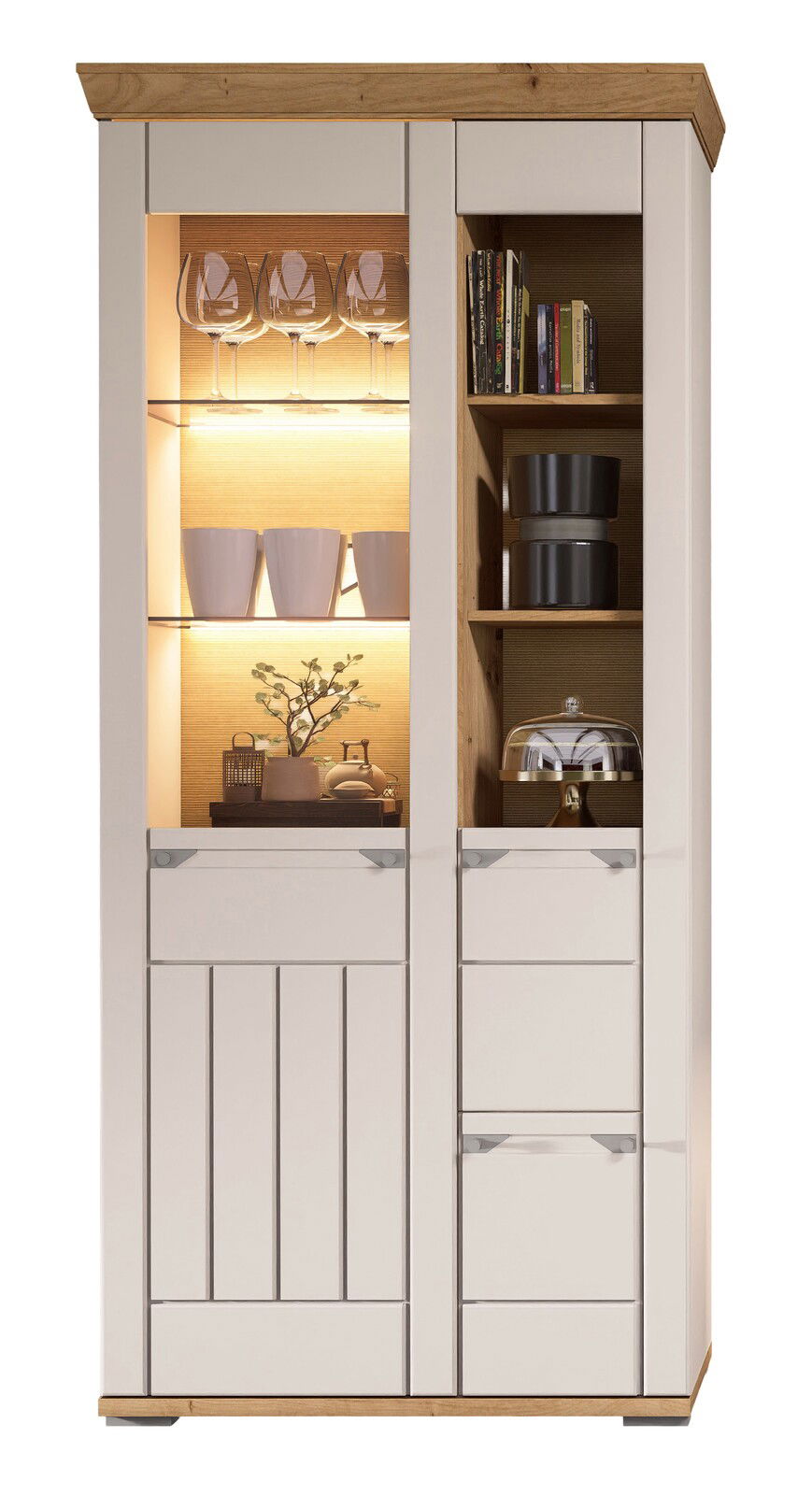 Frontansicht einer modernen Kombi-Vitrine mit Holz- und Glaselementen, beleuchtetem Innenraum, dekoriert mit Gläsern, Tassen und Büchern.