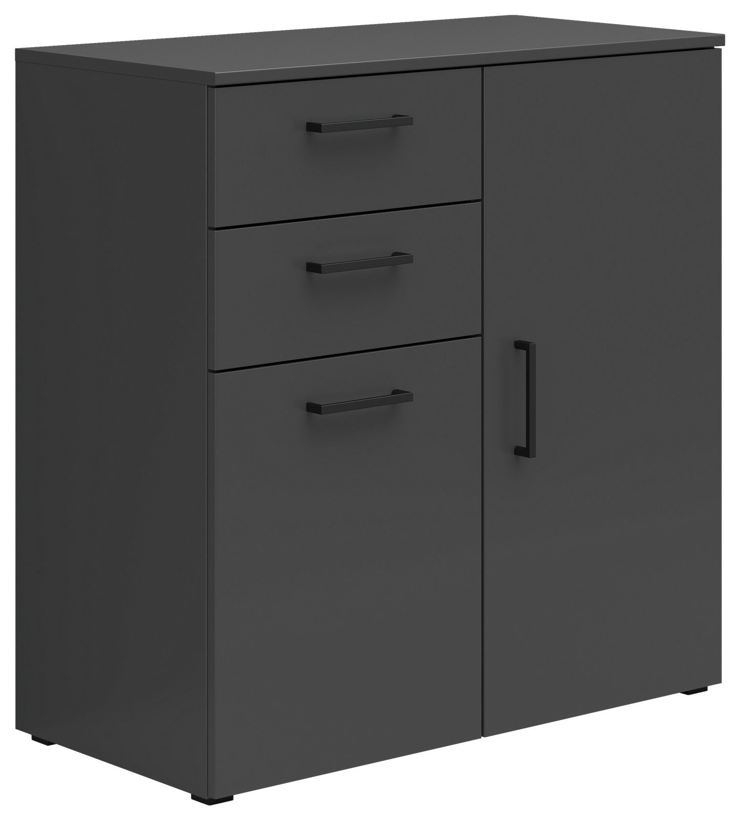 Carryhome Kommode MULTISTAURAUM Schwarze Kommode mit drei Schubladen und einer Tür, seitliche Perspektive