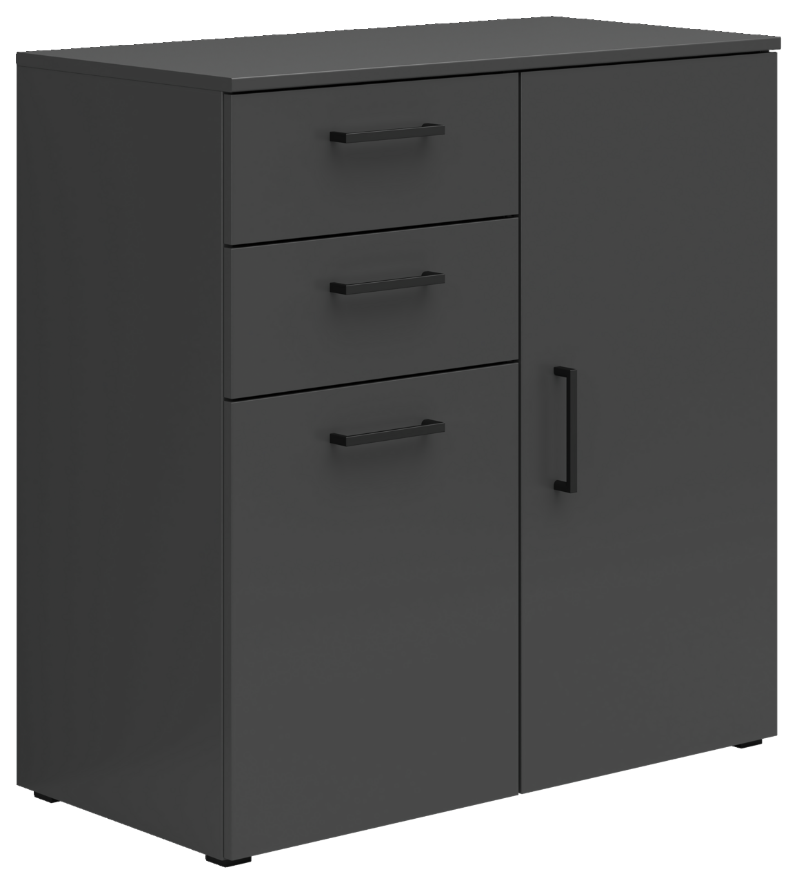 Carryhome Kommode MULTISTAURAUM Schwarze Kommode mit drei Schubladen und einer Tür, seitliche Perspektive