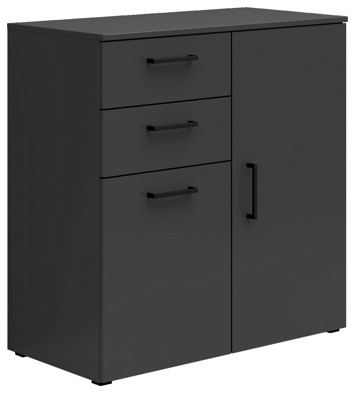 Carryhome Kommode MULTISTAURAUM Schwarze Kommode mit drei Schubladen und einer Tür, seitliche Perspektive