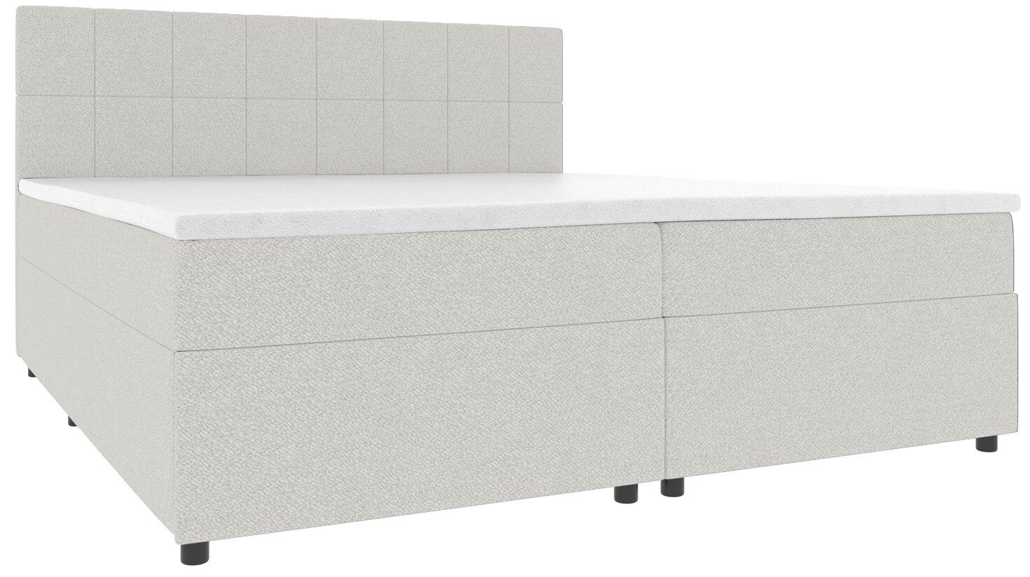 Hellgraues Boxspringbett mit gepolstertem, quadratisch gestepptem Kopfteil und weißer Matratzenauflage, freigestellt auf weißem Hintergrund, Ansicht schräg von vorn links