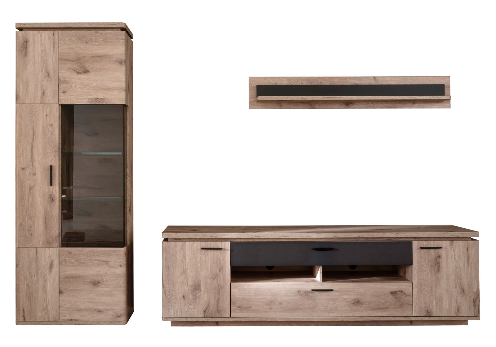 Frontale Ansicht der Zurbrüggen Wandkombination MODENA in Holzoptik mit einem hohen Schrank, einem TV-Board und einem Wandregal.