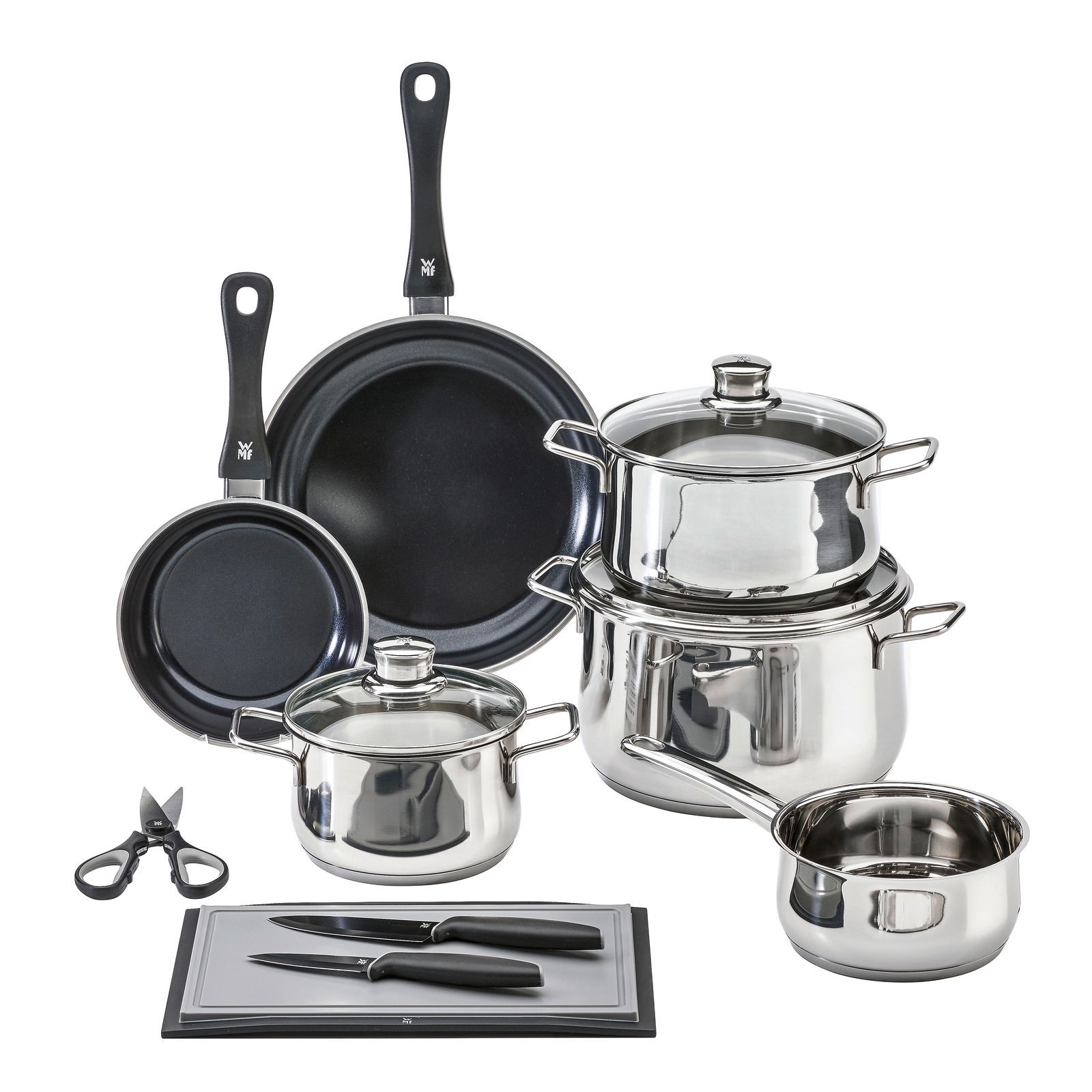 Kochtopf-Starter-Set 10-tlg. aus Edelstahl mit Töpfen, Pfannen, Messern und Schere, frontal abgebildet.