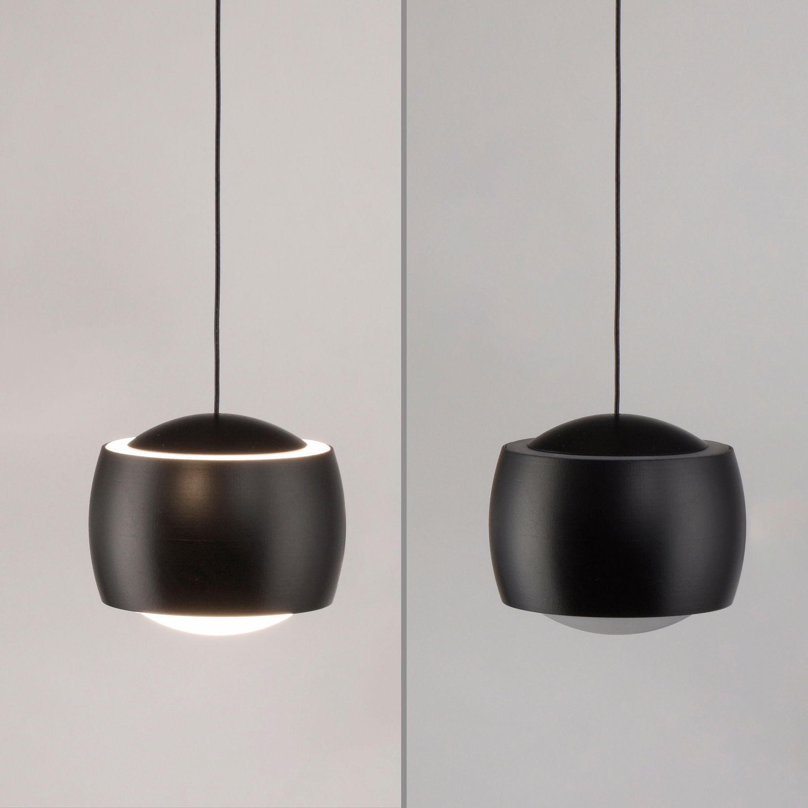 Moderne schwarze Pendelleuchte aus seitlicher Perspektive, mit elegantem, rundem Design und sanftem Lichtaustritt.
