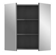 Spiegelschrank mit zwei geöffneten Türen, frontal betrachtet, zeigt drei schwarze Regalböden.