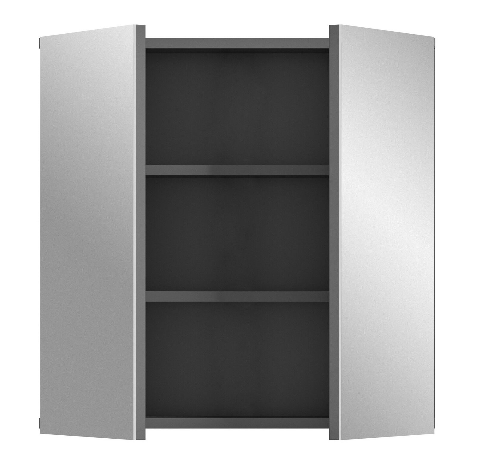 Spiegelschrank mit zwei geöffneten Türen, frontal betrachtet, zeigt drei schwarze Regalböden.