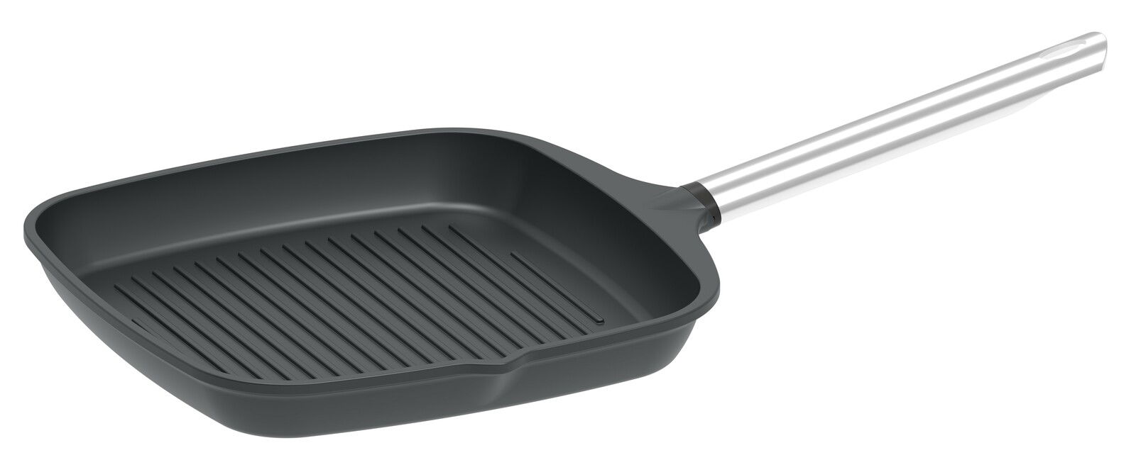 Schwarze Grillpfanne mit Rillen und silbernem Griff, seitliche Perspektive