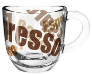 Transparente Espressotasse mit braunen und beigen Schriftzügen, seitliche Perspektive