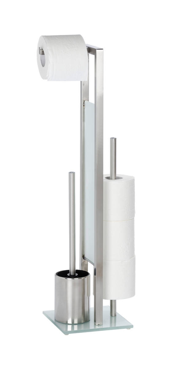 Wenko Edelstahl Stand WC-Garnitur Rivalta Edelstahl Stand WC-Garnitur mit Toilettenpapierhalter und Bürstenhalter, seitliche Perspektive
