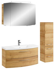 Badkombination mit Spiegelschrank, Waschbeckenunterschrank und Hochschrank in Holzoptik, Frontalansicht