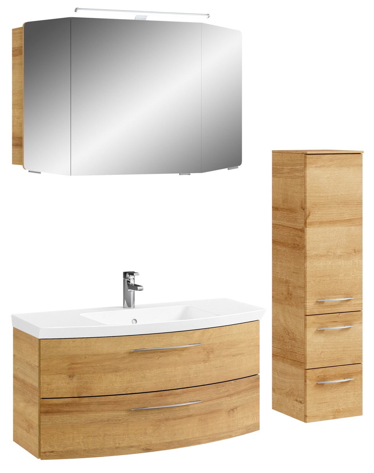 Badkombination mit Spiegelschrank, Waschbeckenunterschrank und Hochschrank in Holzoptik, Frontalansicht