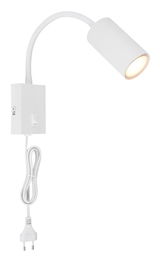 Weiße Wandleuchte aus Metall mit flexiblem Arm und Schalter, seitliche Perspektive