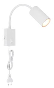 Weiße Wandleuchte aus Metall mit flexiblem Arm und Schalter, seitliche Perspektive