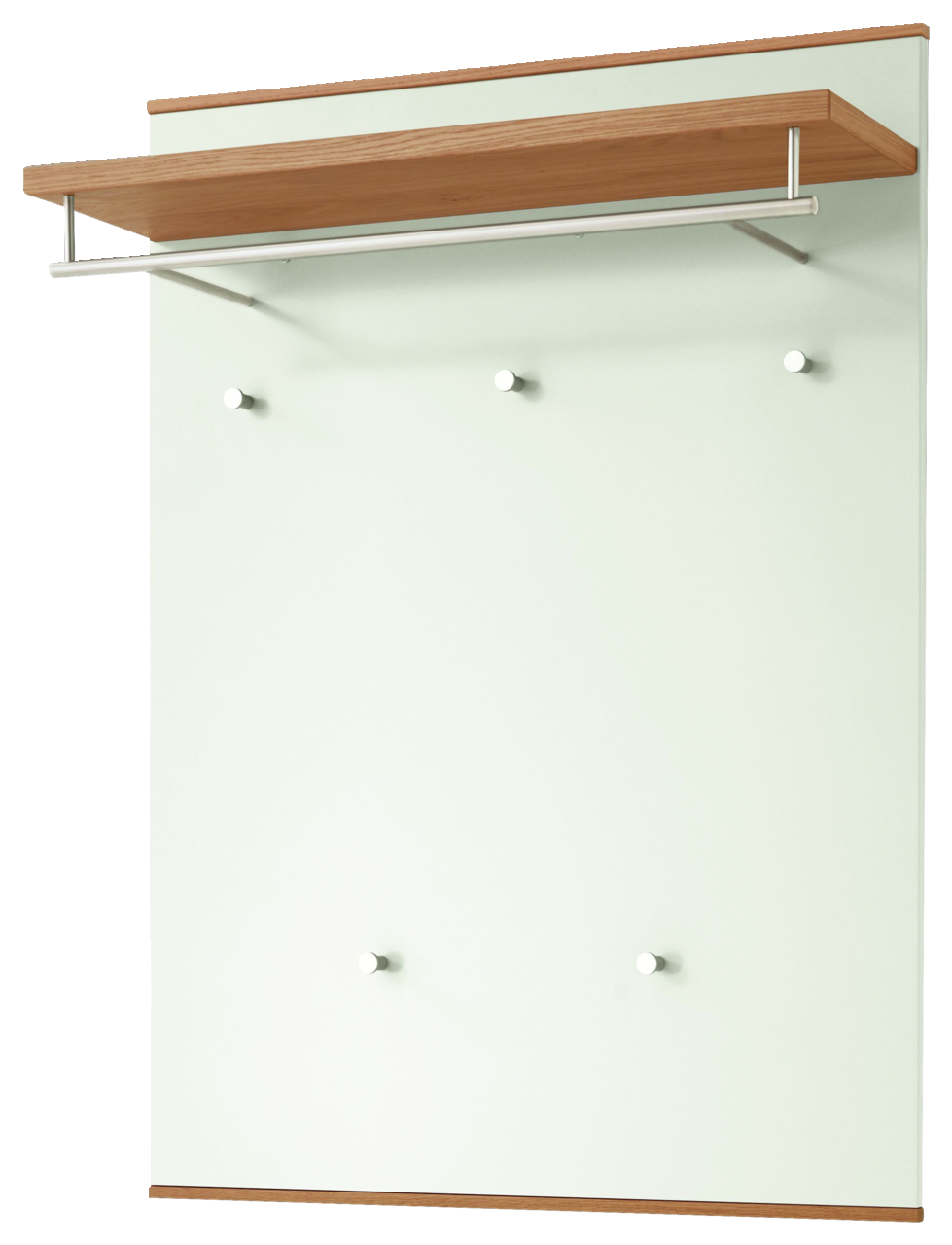 VOSS Garderobenpaneel LOVENO Garderobenpaneel der Serie LOVENO von VOSS in Frontalansicht, mit Holzablage und Kleiderstange, sowie mehreren Haken auf einer hellen Rückwand.