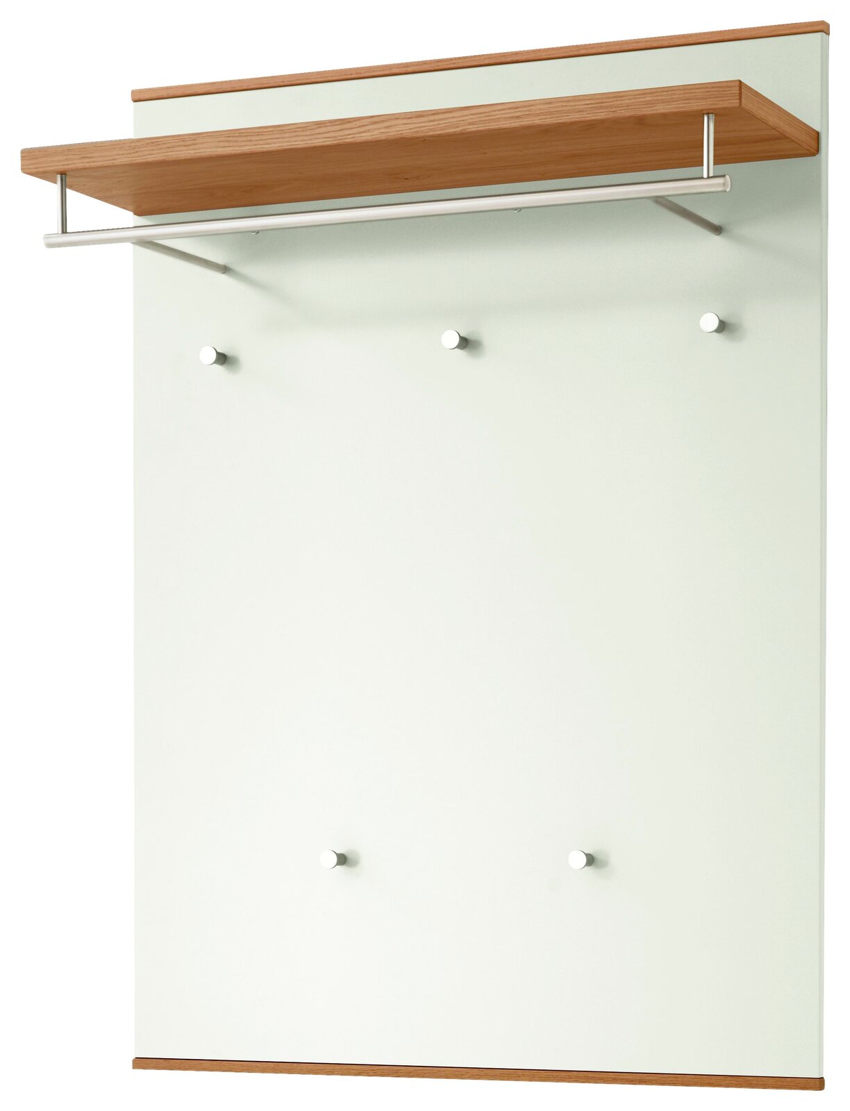 VOSS Garderobenpaneel LOVENO Garderobenpaneel der Serie LOVENO von VOSS in Frontalansicht, mit Holzablage und Kleiderstange, sowie mehreren Haken auf einer hellen Rückwand.