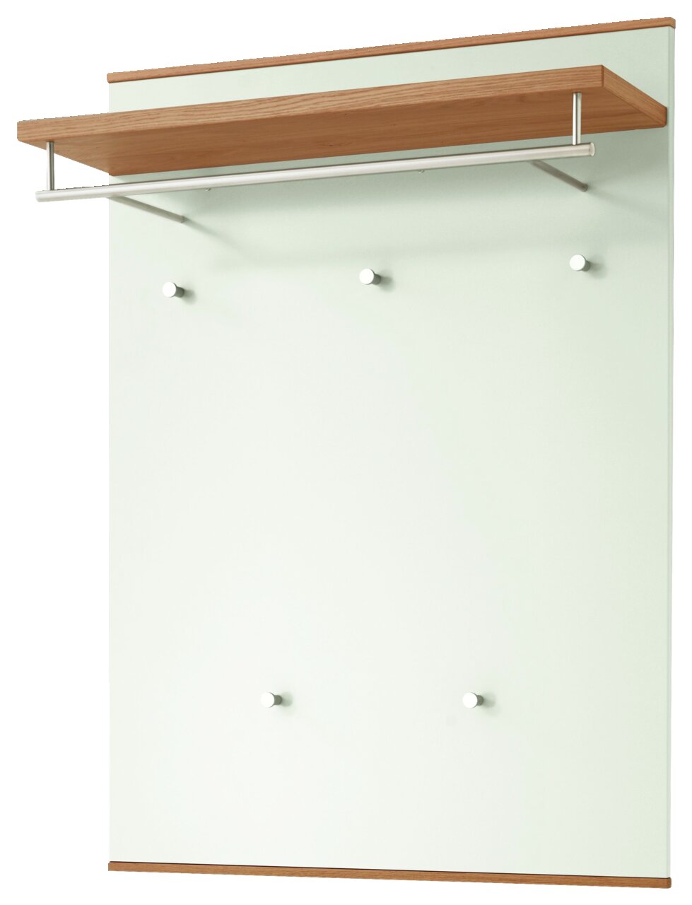 Garderobenpaneel der Serie LOVENO von VOSS in Frontalansicht, mit Holzablage und Kleiderstange, sowie mehreren Haken auf einer hellen Rückwand.