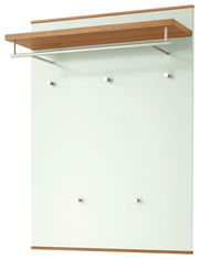 Garderobenpaneel der Serie LOVENO von VOSS in Frontalansicht, mit Holzablage und Kleiderstange, sowie mehreren Haken auf einer hellen Rückwand.